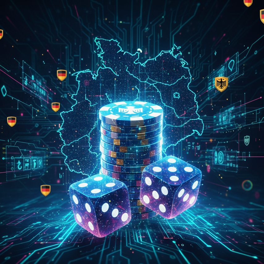 Würfel und Chips vor einer digitalen Deutschlandkarte.