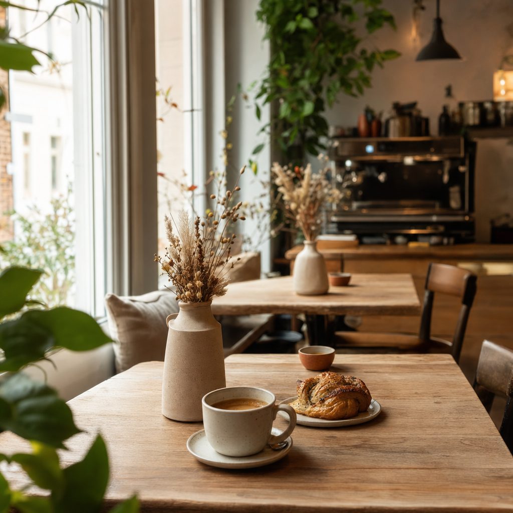 Gem&uuml;tliches Berliner Caf&eacute; mit Tischen am Fenster im Morgenlicht