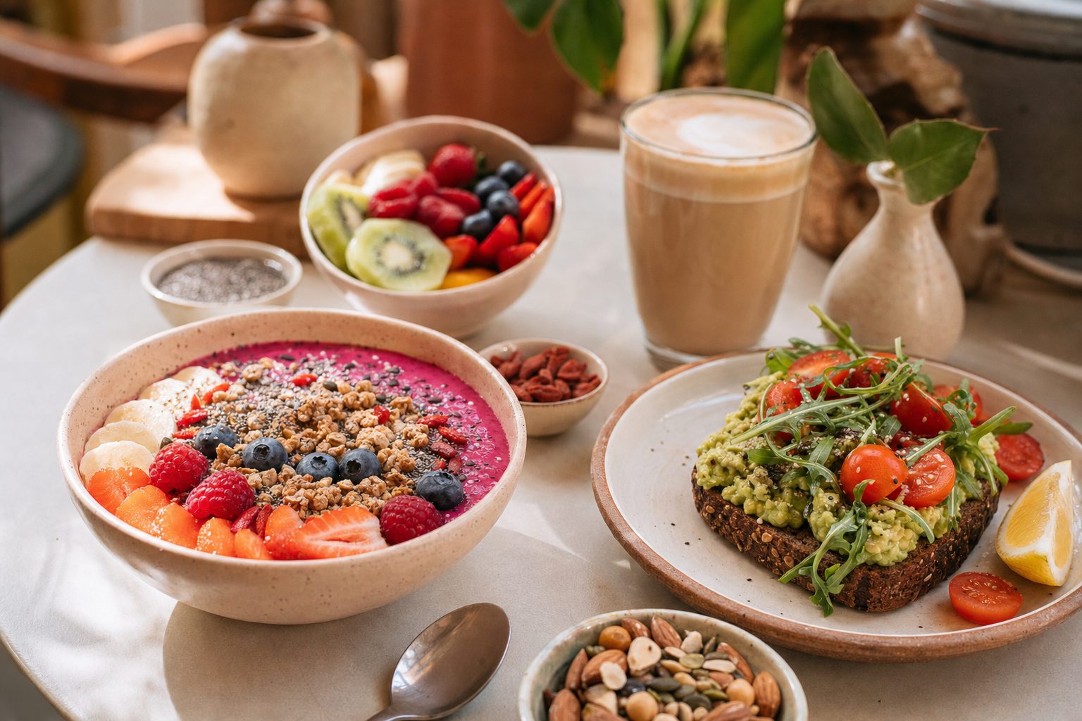 Buntes veganes Brunch-Buffet mit Smoothie-Bowl, Avocado-Brot und frischem Obst